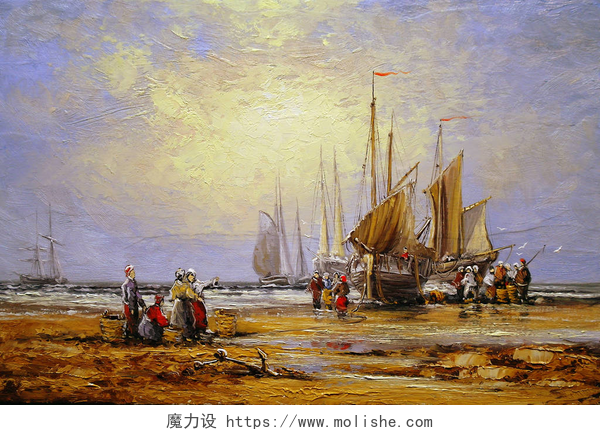 油画里的海上景观油画海洋景观, 渔夫, 美术, 船, 船.